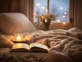 AI generated illustration of a cozy scene of a book lying open on a bed with a lit candle beside it