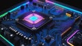 AI generated illustration of a CPU-Socket macro in neon lights