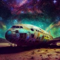 AI generated illustration of a crashed passenger plane in the middle of a desert under a starlit sky