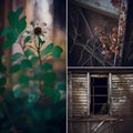 a collage of a flower, a broken window and a plant