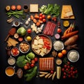 AI generated illustration of a creative flat lay arrangement with different kinds of food