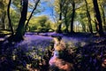 AI-generated illustration of a a creek flowing through a meadow of bluebells in a forested area Royalty Free Stock Photo