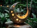 AI generated illustration of a crescent moon firepit glowing in a green garden