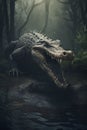 AI generated illustration of a crocodile on a large rock in a river, with its mouth agape
