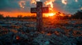 AI generated illustration of a cross on the ground with dramatic sunset and ominous clouds