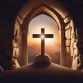 AI generated illustration of a cross illuminated by a beam of light inside a chapel Royalty Free Stock Photo