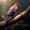 AI generated illustration of a crossbill perched on a sun-soaked tree branch