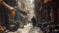 a narrow alley way with people and parked motorcycles in the middle