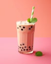 AI generated illustration of a cup of bubble tea with a straw against a pastel pink background Royalty Free Stock Photo