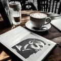 AI generated illustration of a cup of cappuccino on a cafe table next to a magazine