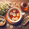 AI generated illustration of a cup of chamomile tea on a wooden table Royalty Free Stock Photo