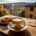 AI generated illustration of a cup of coffee on a table in a sunny village in Tuscany, Italy