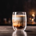 AI generated illustration of a cup filled with freshly brewed coffee on a wooden table Royalty Free Stock Photo