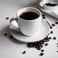 AI generated illustration of a cup of fresh coffee  with coffee beans on the table Royalty Free Stock Photo