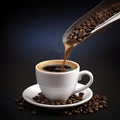 AI generated illustration of a cup of freshly brewed coffee surrounded by coffee beans Royalty Free Stock Photo