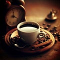 AI generated illustration of a cup freshly brewed coffee on a table in a warm setting Royalty Free Stock Photo