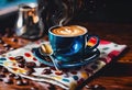 AI generated illustration of a cup of hot chocolate next to coffee beans and a coffee on a cloth Royalty Free Stock Photo