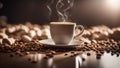 AI generated illustration of a cup of hot coffee set atop a bed of freshly roasted coffee beans Royalty Free Stock Photo