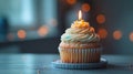 AI generated illustration of a cupcake adorned with creamy white frosting and a glowing candle Royalty Free Stock Photo