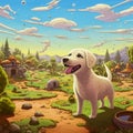 AI generated illustration of a curious cartoon dog in front of a quaint small town