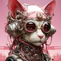 AI generated illustration of a curious cat wearing pink goggles and headphones