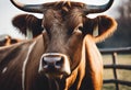 a cow is in a fenced area staring at the camera