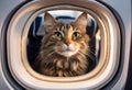 AI generated illustration of a curious feline gazing attentively through the airplane window