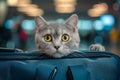 AI generated illustration of A curious feline peeks out playfully from within an open suitcase