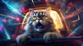AI generated illustration of A curious feline peers out of the window of a high-tech spacecraft.
