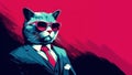 AI generated illustration of a curious-looking grey cat wearing sunglasses and shades