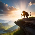 AI generated illustration of a curious monkey perched atop a rock ledge gazing towards the sky