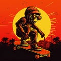 AI generated illustration of a curious monkey riding a skateboard against a red background