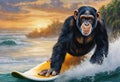 AI generated illustration of a curious monkey riding a surfboard on a sunny day