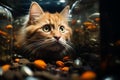 AI generated illustration of a curious orange cat peering into an aquarium filled with golden fish