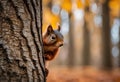 AI generated illustration of a curious squirrel peers out from behind a large tree trunk