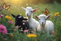 AI-generated illustration of cute baby goats playing with butterflies Royalty Free Stock Photo