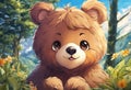 AI generated illustration of a cute brown bear standing in a lush green meadow Royalty Free Stock Photo