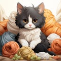 AI generated illustration of a cute cat perched on a colorful pile of yarn Royalty Free Stock Photo