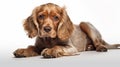AI generated illustration of a cute Cocker Spaniel dog lies calmly on a solid white background