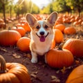 AI generated illustration of a cute Corgi in a field of pumpkins Royalty Free Stock Photo