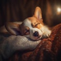 AI generated illustration of a cute Corgi sleeping in bed