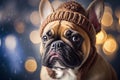 AI generated illustration of a cute French Bulldog in a brown winter hat