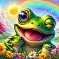 AI generated illustration of cute frogs on vibrant rainbow background