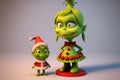 AI generated illustration of a cute funny 3D green Grinch parent character with a baby Grinch