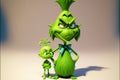 AI generated illustration of a cute funny 3D green Grinch parent character with a baby Grinch