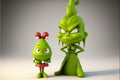 AI generated illustration of a cute funny 3D green Grinch parent character with a baby Grinch