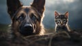 AI generated illustration of a cute German shepherd and a striped cat in a field