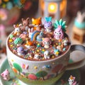 AI generated illustration of cute hot chocolate with assorted animal-themed items