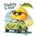 AI generated illustration of a cute lemon character with text "Heading to 2024" Royalty Free Stock Photo
