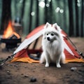 AI generated illustration of a cute little white dog stands beside a tent near a warm campfire